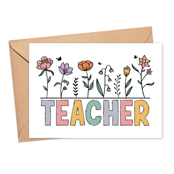 Thank You Teacher Card - Retro Wildflower Teacher - Small (Approx. A6 | 105mm x 148mm | 4.1in x 5.8in) - Standard Smooth Card