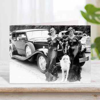 Dressed to impress, retro photographic card featuring fashionable ladies with vintage car  - 12.6 x 17.7cm and blank inside - made in the UK