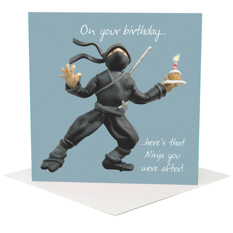 Funny Ninja birthday card for her or him - designed by Erica Sturla - 15cm square and blank inside