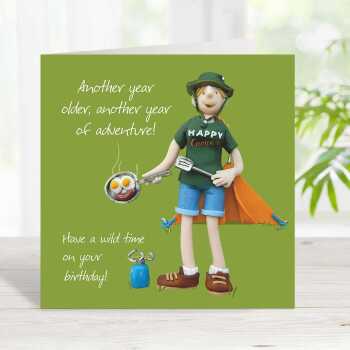 Wild time female camping birthday card for her - designed by Erica Sturla - 15cm square and blank inside, made in the UK