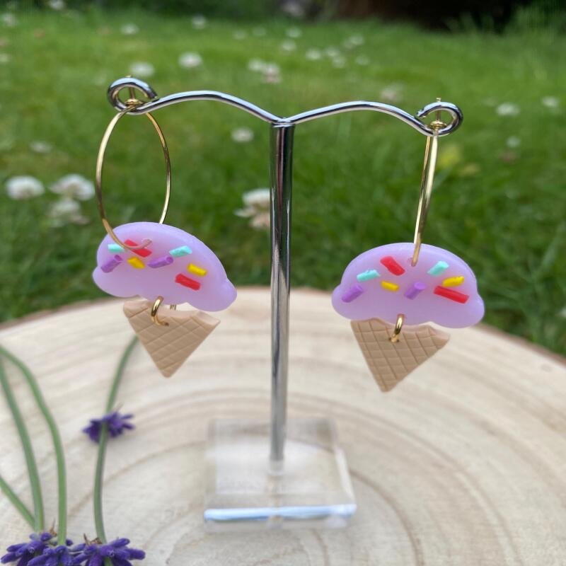 Polymer clay, Ice Cream Cone Hoop Earrings: Fun Summer Jewelry - silver