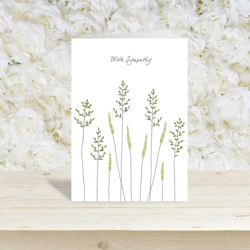With Sympathy mixed grasses card -  designed by Eloise Hall - 15.7 x 11cm and blank inside, made in the UK
