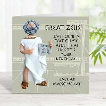Great Zeus themed birthday card - designed by Erica Sturla - 15cm square and blank inside, made in the UK