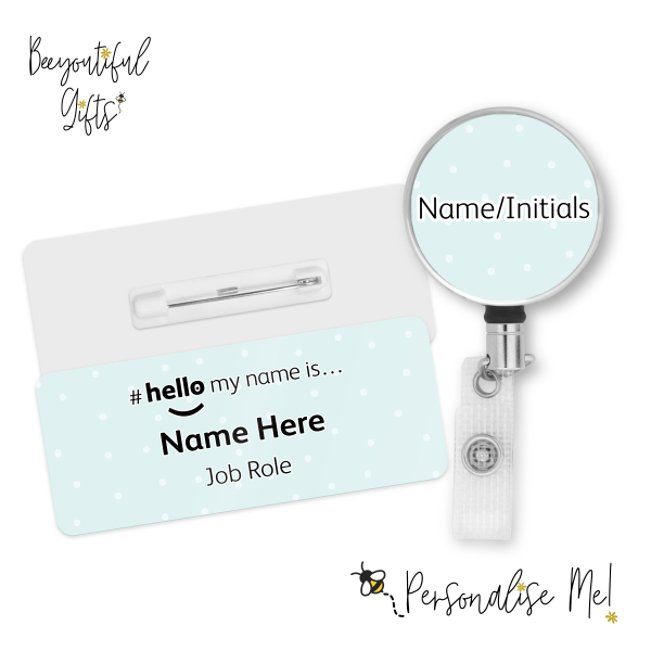 #hello my name is... Name Badge & Metal ID Reel - Pale Blue Polka Dots