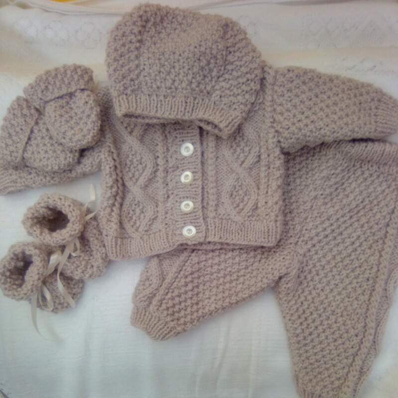 Baby's Hand Knitted 4 Piece Pram Suit - Age 0 - 3 mths - Chest 16 ins -  £27.50