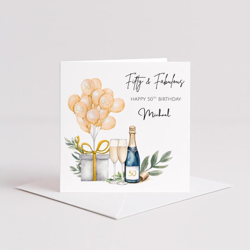 Personalised 50th birthday card champagne balloons gift box handmade milestone for him or her - Smooth No Message - Kraft Brown