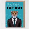 Happy Birthday Top Boy Jaguar animal in clothes card for boyfriend, husband, male, brother (Animalyser) Size A6/A5/A4/Square - A6: Single card
