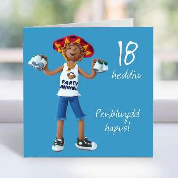 Welsh 18th birthday card for boy - party animal design by Erica Sturla - Penblwydd Hapus - UK made