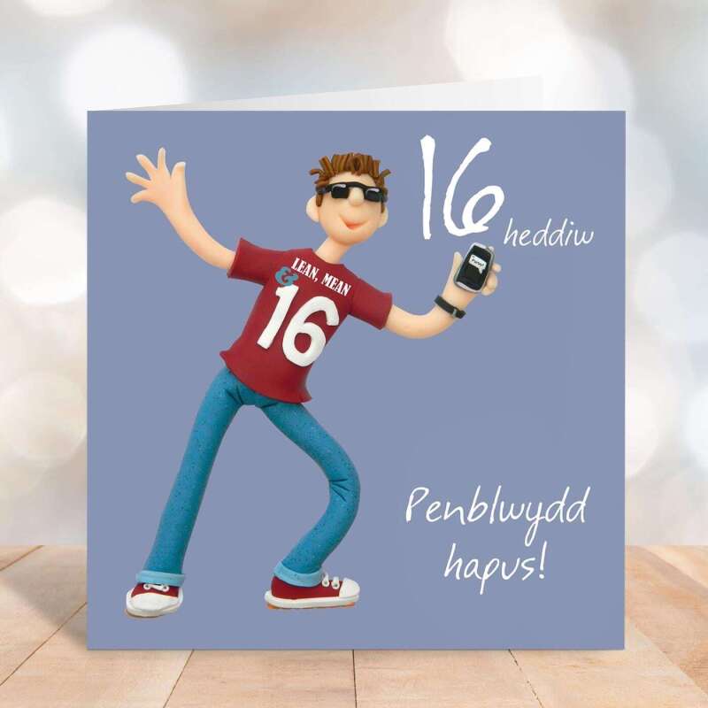 Welsh 16th birthday card for boy - designed by Erica Sturla - Penblwydd Hapus - UK made