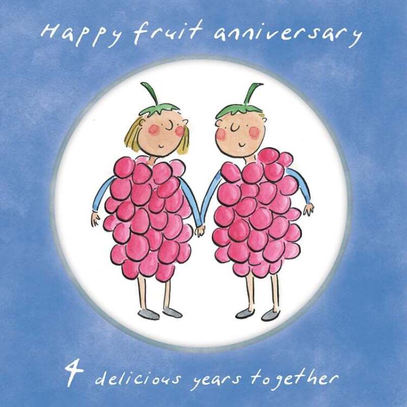 Holy Mackerel 4th (fruit) wedding anniversary card by Artist Rosie Brooks. 15cm square and blank inside. Anniversary card for him, her, husband, wife, couple etc