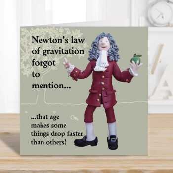 Gravity, funny historical birthday card featuring Isaac Newton - designed by Erica Sturla - 15cm square and blank inside, made in the UK
