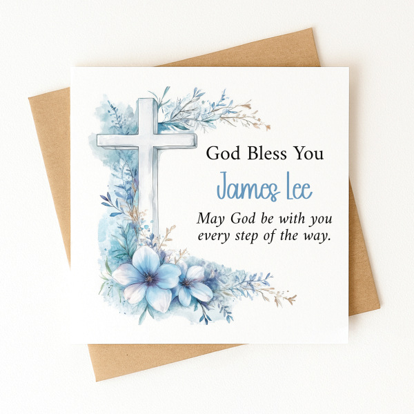 Personalised Baptism Card - God Bless You - Blue Floral Cross - Standard Smooth Card