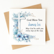 Personalised Baptism Card - God Bless You - Blue Floral Cross - Standard Smooth Card