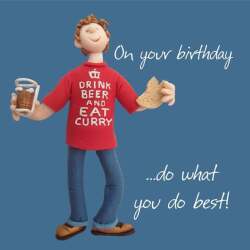 Holy Mackerel drink beer and eat curry male birthday card for him - designed by artist Erica Sturla - 15cm square and blank inside for your message - made in the UK