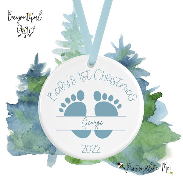 Personalised Ceramic Christmas Tree Decoration - Baby's 1st Christmas - Blue