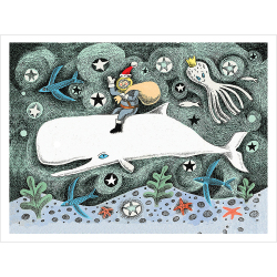 Santa on a whale themed Christmas card by artist Lisa Berkshire, 12.6 x 17.7 cm