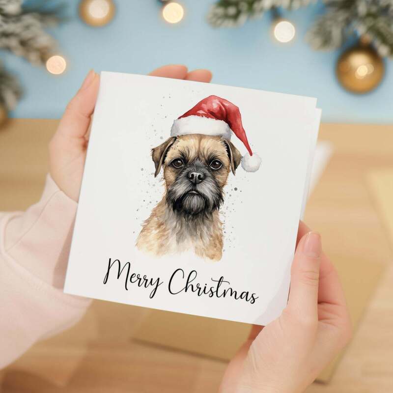 Fun Christmas Card of a Border Terrier Dog Wearing A Santa Hat Whimsical Watercolour Christmas Card For Animal Lover For Him or Her - Square (5.5x5.5) / Blank Inside