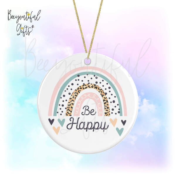 Be Happy Boho Rainbow Round Ceramic Hanging Decoration