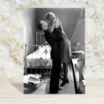 Kissing couple - vintage black and white themed card - 12.6 x 17.7cm and blank inside - made in the UK