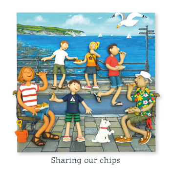 Holy Mackerel sharing our chips seaside themed blank greeting card - designed by artist Erica Sturla - 15cm square and blank inside for your own message