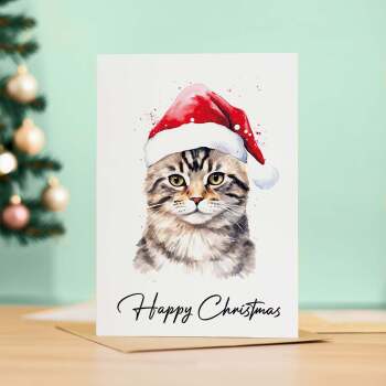 Cat Christmas Card Featuring A Tabby Cat Wearing a Santa Hat Fun Christmas Card For Him or Her Christmas Card For Anyone Christmas Gift