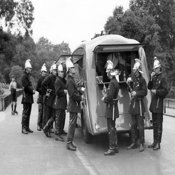 Holy Mackerel firemen taking a break retro black and white photographic card featuring a vintage image of firefighters stopping for a cup of tea - 12.6 x 17.7cm and blank inside