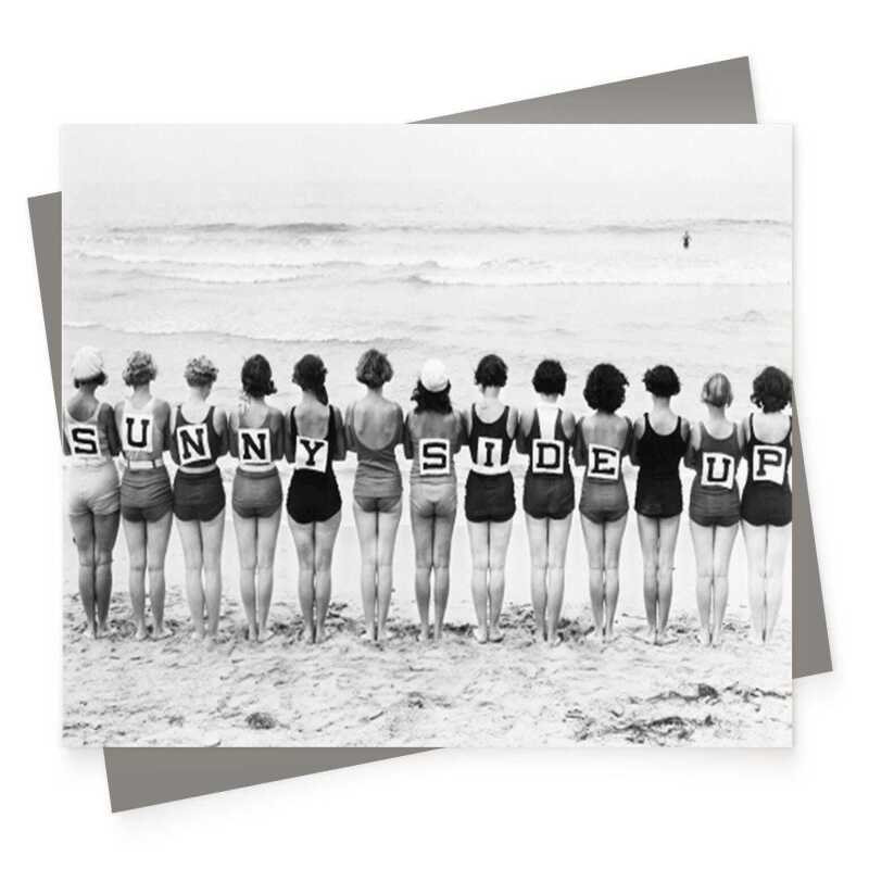 Sunny side up - retro vintage black and white themed card featuring ladies on a beach - 12.6 x 17.7cm and blank inside - made in the UK