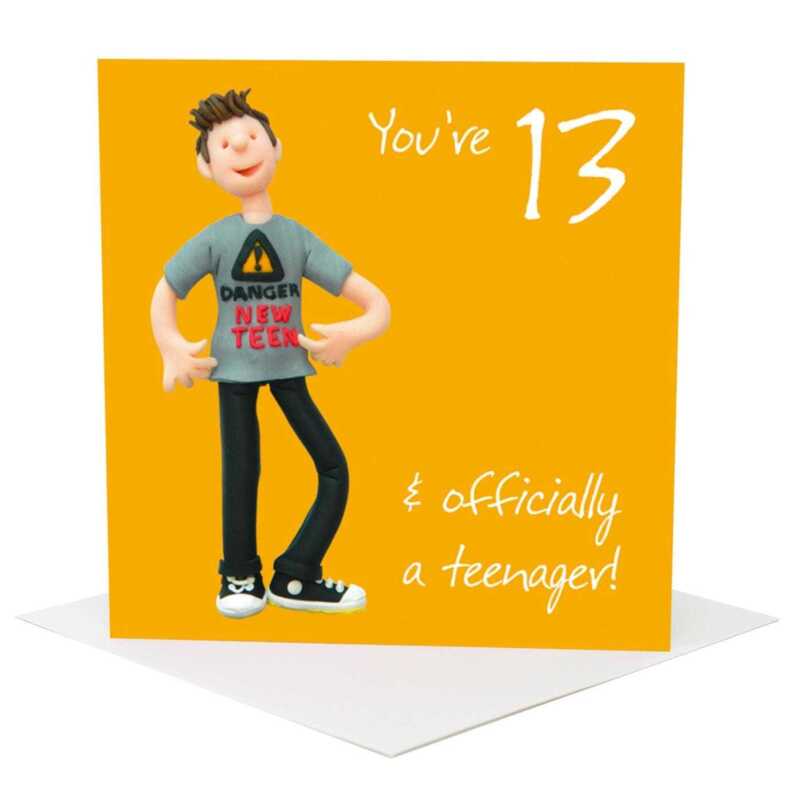 13th birthday card for him - designed by Erica Sturla - 15cm square and blank inside, made in the UK