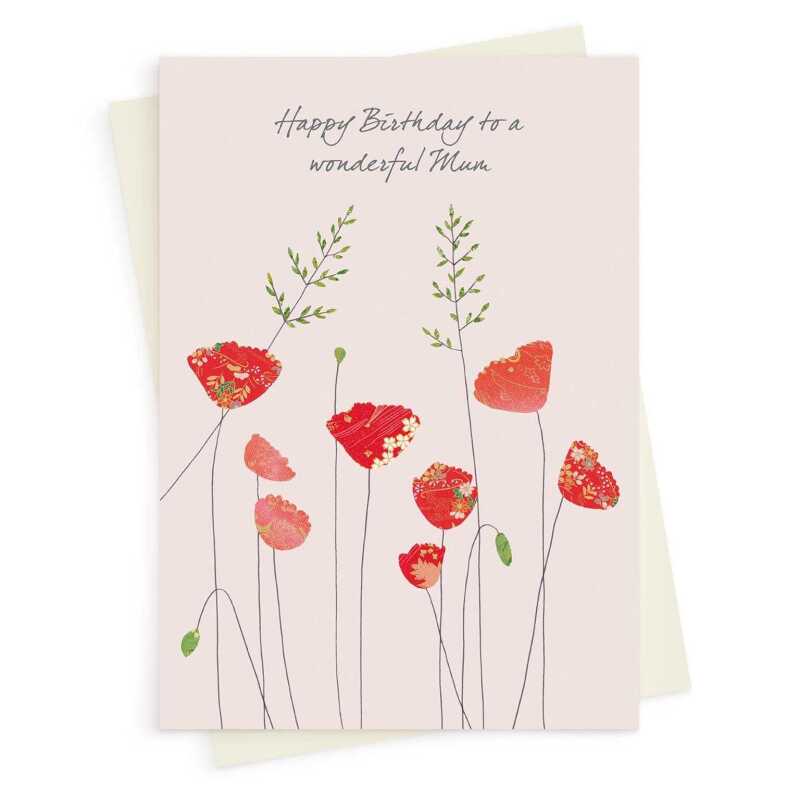 Poppies and grass mum birthday card -  designed by Eloise Hall for Holy Mackerel - 15.7 x 11cm and blank inside, made in the UK