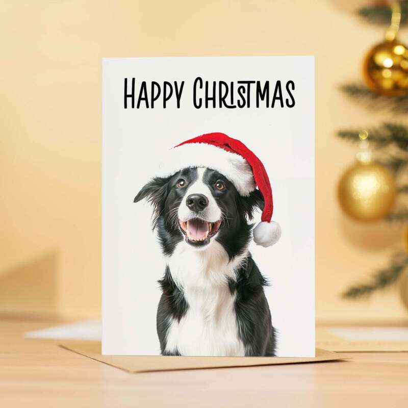 Fun Christmas Card of a Collie Dog Wearing A Santa Hat Whimsical Christmas Card For Animal Lover For Him or Her - Portrait (5x7) / Blank Inside