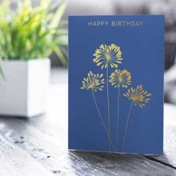 Happy birthday card with a pretty gold foil agapanthus print - designed by artist Eloise Hall - 15.7 x 11cm and blank inside