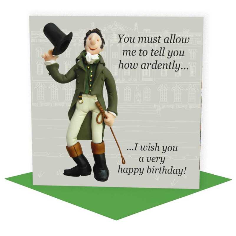 Ardent wishes, funny Jane Austen’s Mr Darcy themed birthday card - designed by Erica Sturla - 15cm square and blank inside, made in the UK