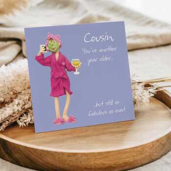 Fabulous cousin birthday card for her - designed by Erica Sturla - 15cm square and blank inside, made in the UK