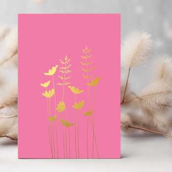 Anenome and wild grasses greeting card embellished with gold foil -  designed by artist Eloise Hall - 15.7 x 11cm and blank inside
