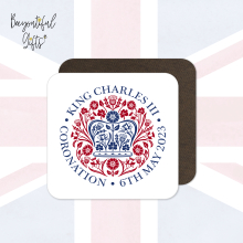 King Charles III Coronation Day May 2023 Official Emblem Wooden Coaster - Red & Blue