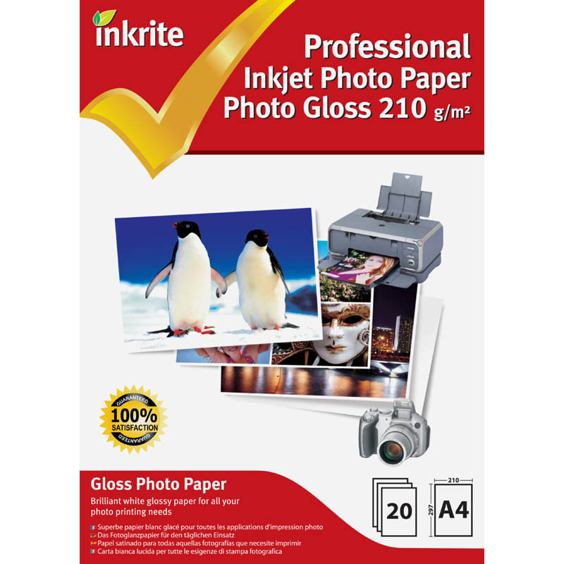 Inkrite A4 210gsm Single Sided Gloss Photo Paper - 20 Sheet Packs