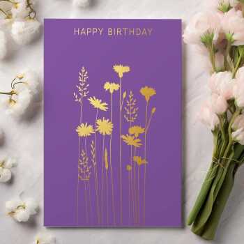 Happy birthday card with a pretty gold foil cornflower and daisy print - designed by artist Eloise Hall - 15.7 x 11cm and blank inside