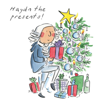Haydn the presents, a 150mm square festive Christmas greetings card featuring Rosie Brooks artwork, message inside reads Merry Christmas