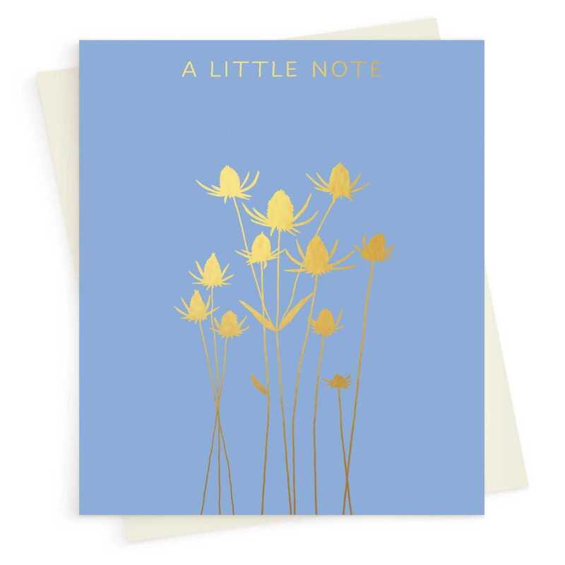 A little note greeting card embellished with a gold foil teasel design -  designed by artist Eloise Hall - 15.7 x 11cm and blank inside
