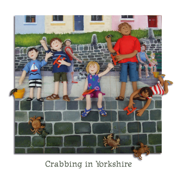 Holy Mackerel Crabbing in Yorkshire greetings card, designed by Erica Sturla Card is 150mm square and blank inside.