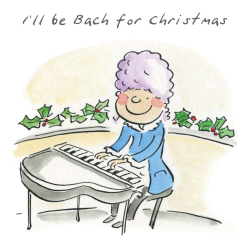Bach for Christmas, a 150mm square festive Christmas greetings card featuring Rosie Brooks artwork, message inside reads Merry Christmas