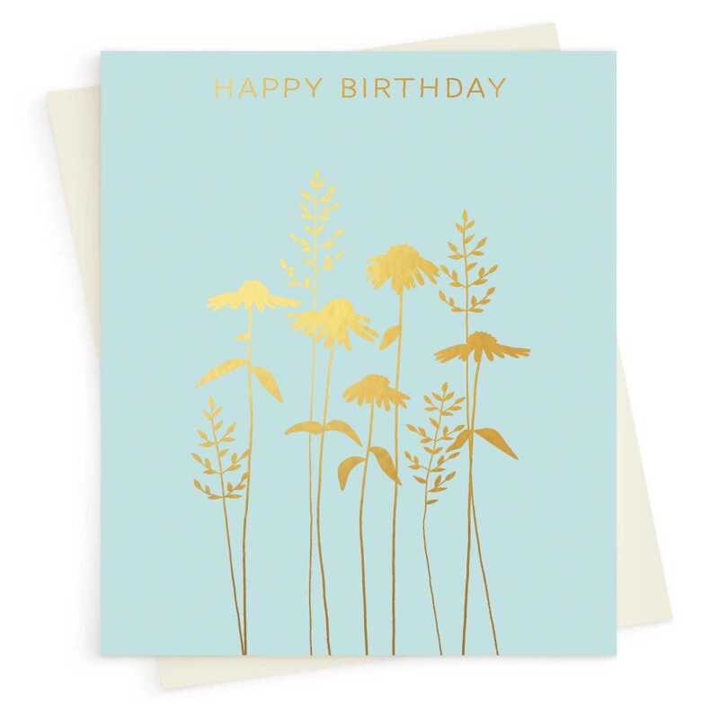 Happy birthday card with a pretty gold foil echinacea print - designed by artist Eloise Hall - 15.7 x 11cm and blank inside