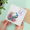 60th Birthday Card With Peacock Illustration Pretty Sixty Card For Mum, Gran or Friend Sixieth Birthday Card - Square (5.5x5.5) / Blank Inside