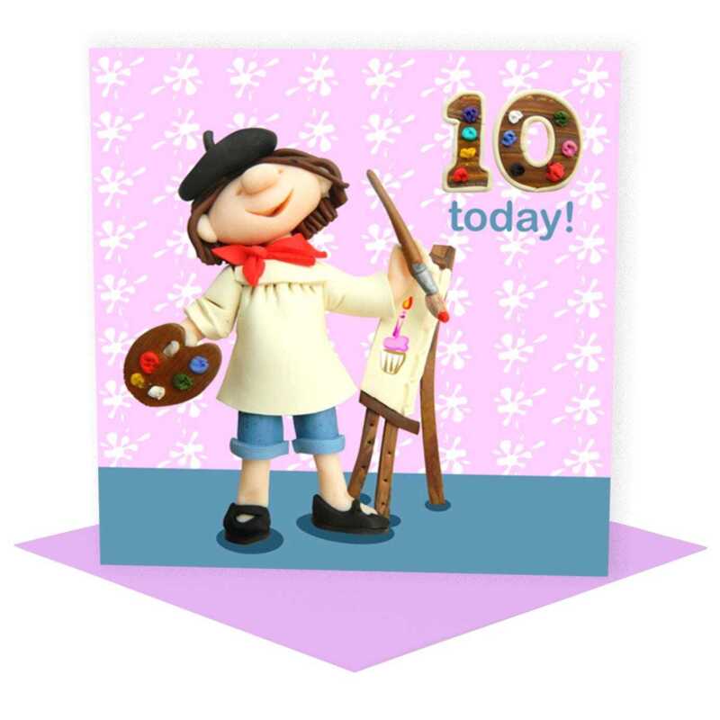 Birthday girl age 10 painting like an artist - child's age birthday - designed by Erica Sturla - 15cm square & blank inside, made in the UK