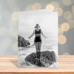 Excited swimmer - Black and white photographic vintage swimming themed card  - 12.6 x 17.7cm and blank inside, made in the UK