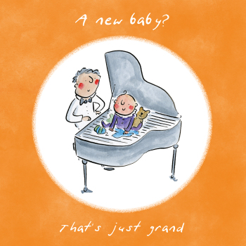 Holy Mackerel Baby grand, a piano themed Rosie Brooks new baby greetings card, 150mm square, printed in the UK on board from sustainable sources