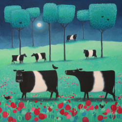 Holy Mackerel belties in green and blue cows grazing themed art card for him or her - designed by artist Ailsa Black - 15cm square and blank inside for your message