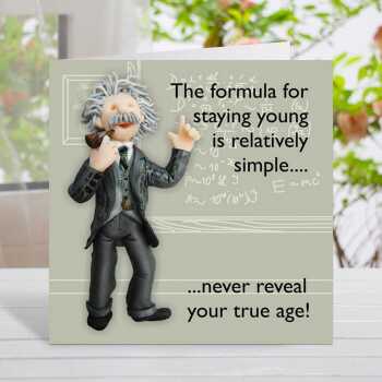 Relatively simple Albert Einstein themed birthday card - designed by Erica Sturla - 15cm square and blank inside, made in the UK