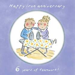 Holy Mackerel 6th (iron) wedding anniversary card by Artist Rosie Brooks. 15cm square and blank inside. Anniversary card for him, her, husband, wife, couple etc