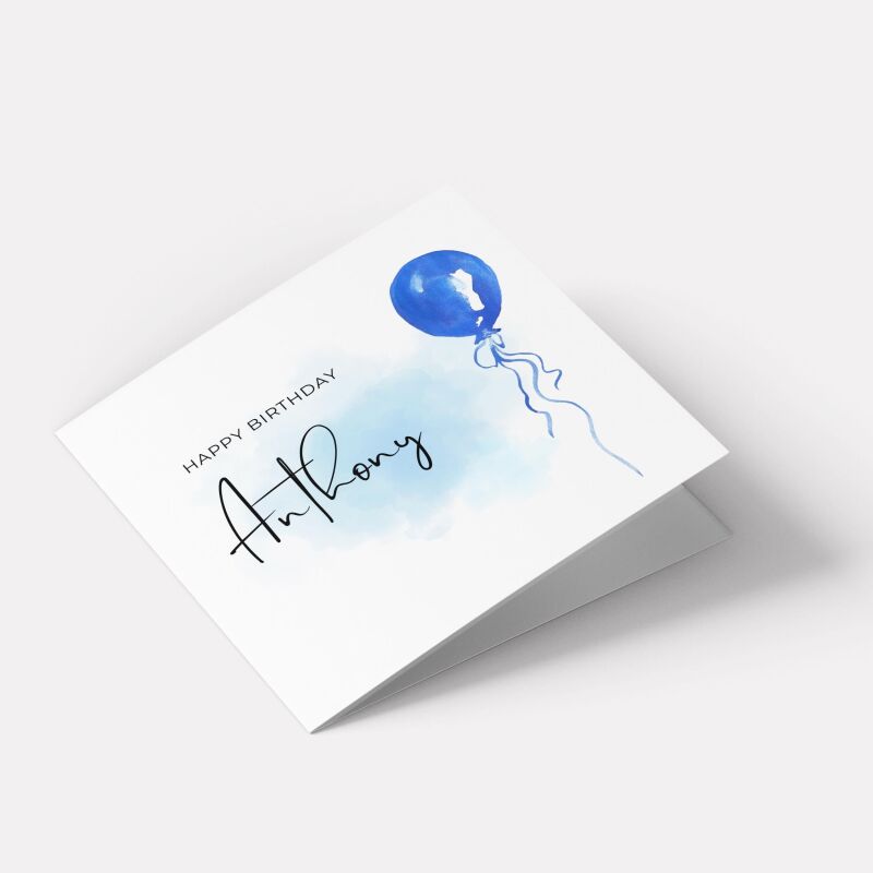 Birthday blue balloon card personalised design custom name script soft handmade greeting - Smooth No Message - Kraft Brown